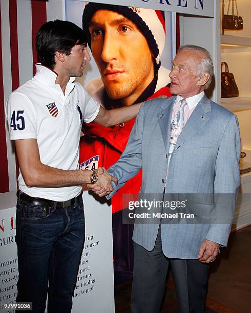 Evan Lysacek and Buzz Aldrin arrive to Olympic gold medalist Evan Lysacek's victory party held at the Ralph Lauren Robertson store on March 23, 2010...