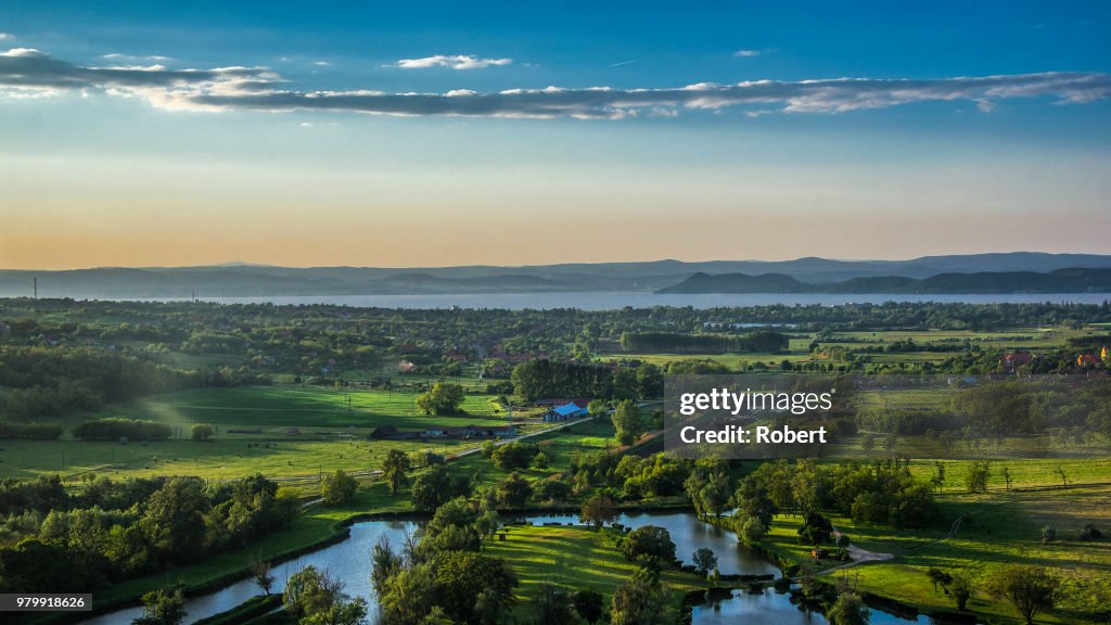 Village on shore of Lake Balaton at sunset, Transdanubia, Hungary