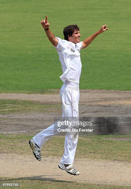 England bowler Steven Finn appeals with success for the wicket of Abdur Razzaq during day five of the 2nd Test match between Bangladesh and England...