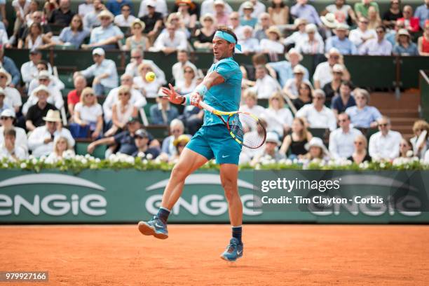 June 10. French Open Tennis Tournament - Day Fifteen. Rafael Nadal of Spain in action against Dominic Thiem of Austria on Court Philippe-Chatrier...