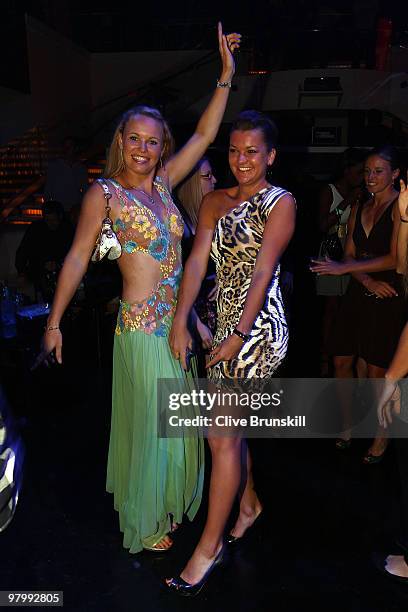 Caroline Wozniacki and Agnieszka Radwanska attend the Sony Ericsson Open Kick-Off party at LIV nightclub at Fontainebleau Miami on March 23, 2010 in...