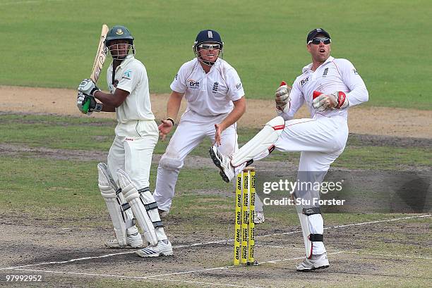 England players Ian Bell and Matt Prior look on as Bangladesh batsman Shakib Al Hasan picks up some runs during day five of the 2nd Test match...