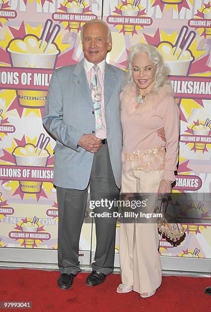 Former astronaut Buzz Aldrin and his wife Lois Aldrin attend the event to launch Nicey Nash's milkshake at Millions of Milkshakes on March 23, 2010...