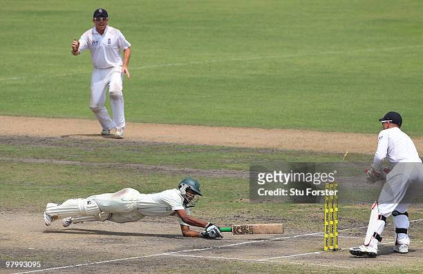England wicketkeeper Matt Prior stumps Bangladesh batsman Shakib Al Hasan on 96 runs during day five of the 2nd Test match between Bangladesh and...