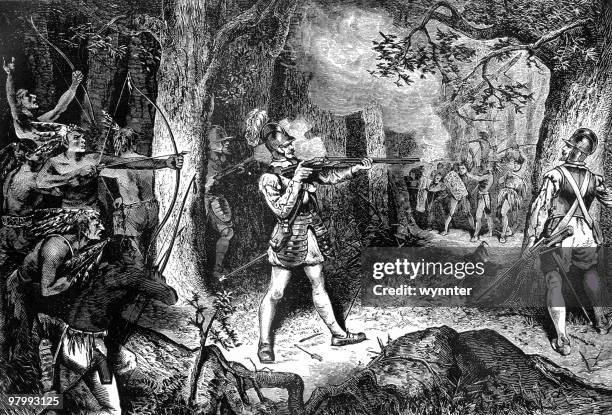 samuel de champlain battles the iroquois, 1609 - ambush stock illustrations