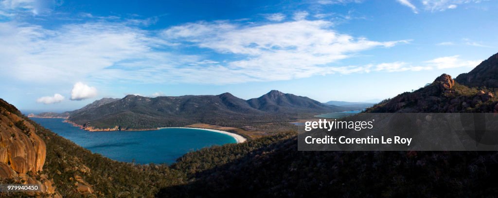 Panoramic view of coastline in Freycinet National Park, Tasmania, Australia
