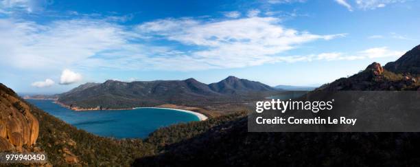 panoramic view of coastline in freycinet national park, tasmania, australia - freycinet imagens e fotografias de stock