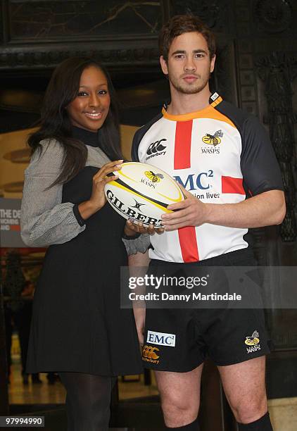 Alexandra Burke and Danny Cipriani attend photocall to launch the St Georges Day Rugby Match between London Wasps and Bath at Twickenham at...