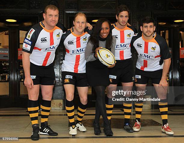 Tim Payne, Joe Simpson, Alexandra Burke, Danny Cipriani and Rob Webber attend photocall to launch the St Georges Day Rugby Match between London Wasps...