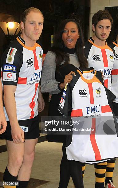 Joe Simpson, Alexandra Burke and Danny Cipriani attend photocall to launch the St Georges Day Rugby Match between London Wasps and Bath at Twickenham...