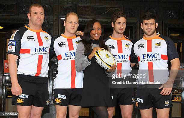 Tim Payne, Joe Simpson, Alexandra Burke, Danny Cipriani and Rob Webber attend photocall to launch the St Georges Day Rugby Match between London Wasps...