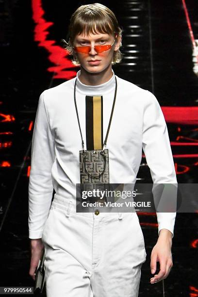 Model walks the runway at the Fendi fashion show during Milan Men's Fashion Week Spring/Summer 2019 on June 18, 2018 in Milan, Italy.