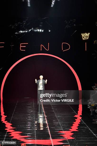 Fashion designer Silvia Fendi walks the runway at the Fendi fashion show during Milan Men's Fashion Week Spring/Summer 2019 on June 18, 2018 in...