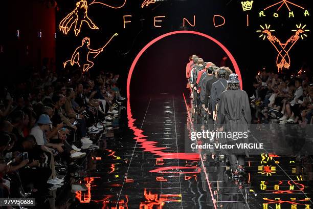 Model walks the runway at the Fendi fashion show during Milan Men's Fashion Week Spring/Summer 2019 on June 18, 2018 in Milan, Italy.