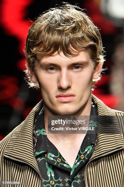 Model walks the runway at the Fendi fashion show during Milan Men's Fashion Week Spring/Summer 2019 on June 18, 2018 in Milan, Italy.