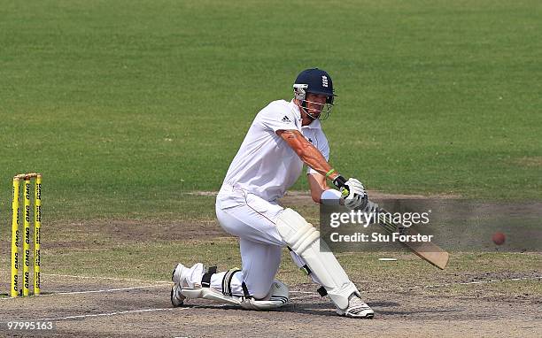 England batsman Kevin Pietersen reverse hits the ball during day five of the 2nd Test match between Bangladesh and England at Shere-e-Bangla National...