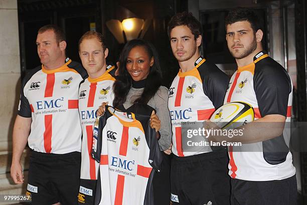Alexandra Burke attends a photocall with , Tim Payne, Joe Simpson, Danni Cipriani and Rob Webber from the London Wasps Rugby Union team at Selfridges...