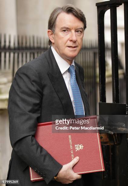 Business Secretary Lord mandelson arrives at the back gates of Downing Street on March 24, 2010 in London, England. Later the Chancellor of the...