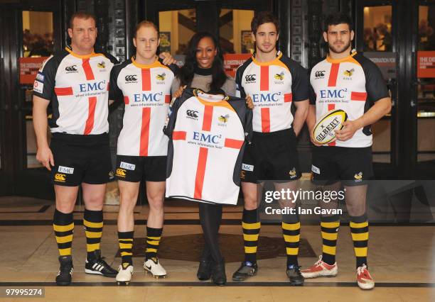 Alexandra Burke attends a photocall with , Tim Payne, Joe Simpson, Danni Cipriani and Rob Webber from the London Wasps Rugby Union team at Selfridges...