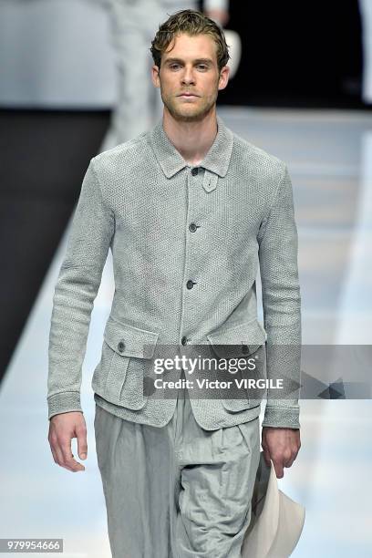 Model walks the runway at the Giorgio Armani fashion show during Milan Men's Fashion Week Spring/Summer 2019 on June 18, 2018 in Milan, Italy.