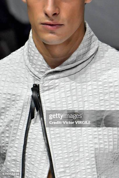 Model walks the runway at the Giorgio Armani fashion show during Milan Men's Fashion Week Spring/Summer 2019 on June 18, 2018 in Milan, Italy.