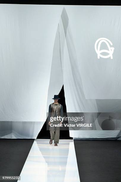 Model walks the runway at the Giorgio Armani fashion show during Milan Men's Fashion Week Spring/Summer 2019 on June 18, 2018 in Milan, Italy.