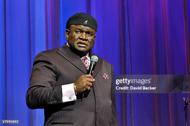 Comedian/actor George Wallace performs stand-up comedy during his show at the Flamingo Las Vegas, March 23, 2010 in Las Vegas, Nevada.