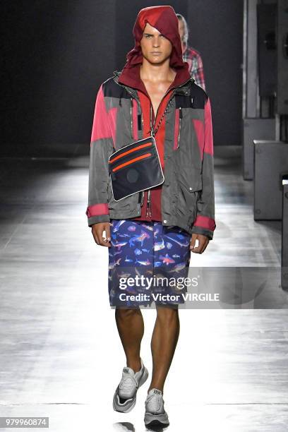 Model walks the runway at the Hunting World fashion show during Milan Men's Fashion Week Spring/Summer 2019 on June 18, 2018 in Milan, Italy.