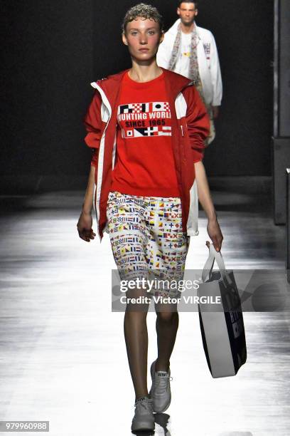 Model walks the runway at the Hunting World fashion show during Milan Men's Fashion Week Spring/Summer 2019 on June 18, 2018 in Milan, Italy.