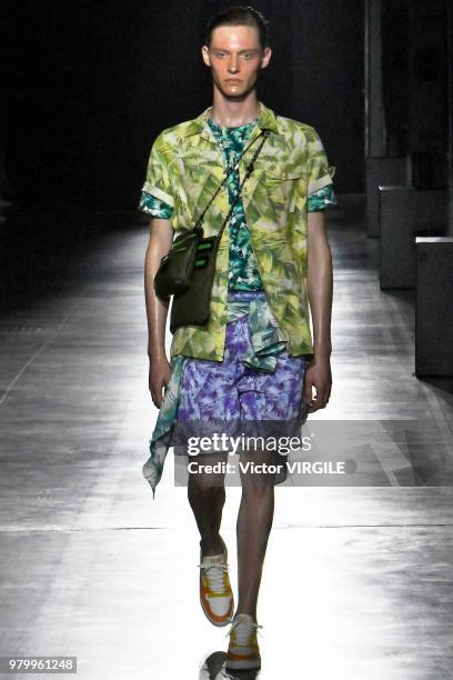 Model walks the runway at the Hunting World fashion show during Milan Men's Fashion Week Spring/Summer 2019 on June 18, 2018 in Milan, Italy.