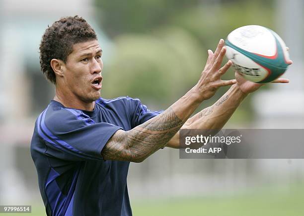 Mikaele Pesamino of Samoa catches the ball during a team rugby training session in Hong Kong on March 23, 2010. Samoa are the form team leading into...