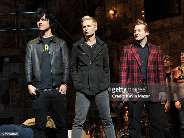 Billie Joe Armstrong, Mike Dirnt and Tre Cool of Green Day on stage during the "American Idiot" final soundcheck at St. James Theatre on March 23,...