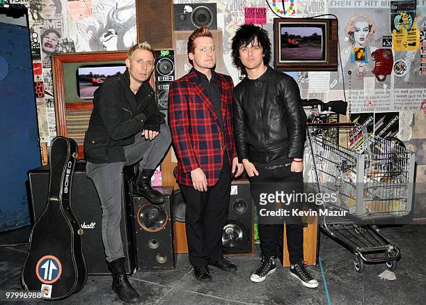 Exclusive* Mike Dirnt, Tre Cool and Billie Joe Armstrong of Green Day backstage during the "American Idiot" final soundcheck at St. James Theatre on...