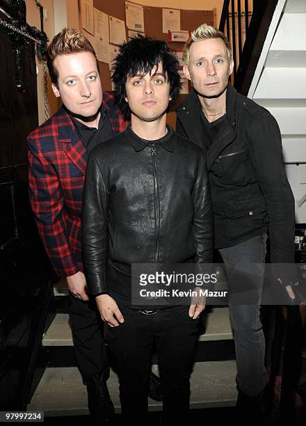 Exclusive* Tre Cool, Billie Joe Armstrong and Mike Dirnt of Green Day backstage during the "American Idiot" final soundcheck at St. James Theatre on...