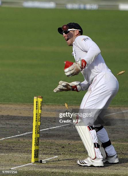 England cricketer Matt Prior reacts after the dismissal of Bangladeshi batsman Jahurul Islam during the fourth day of the second Test match between...