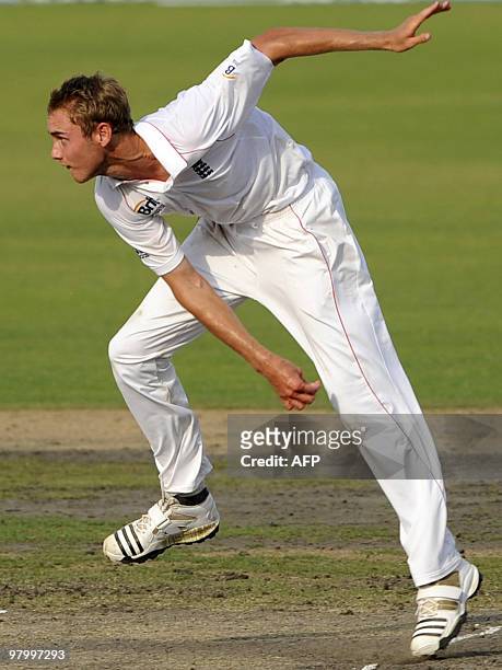 England cricketer Stuart Broad delivers a ball during the fourth day of the second Test match between Bangladesh and England at The Sher-e Bangla...