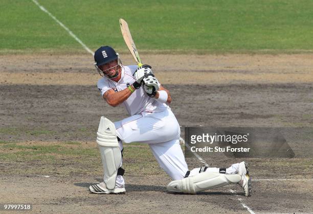 England batsman Kevin Pietersen sweeps the ball to the boundary during day five of the 2nd Test match between Bangladesh and England at...
