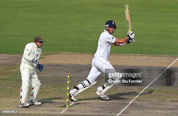 England batsman Kevin Pietersen cuts the ball to the boundary watched by wicketkeeper Mushfiqur Rahim during day five of the 2nd Test match between...