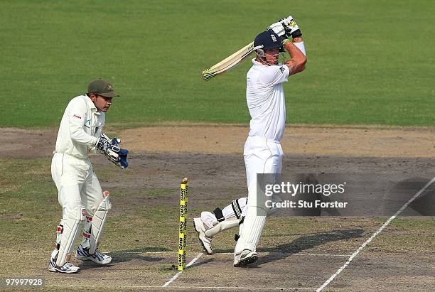 England batsman Kevin Pietersen cuts the ball to the boundary watched by wicketkeeper Mushfiqur Rahim during day five of the 2nd Test match between...