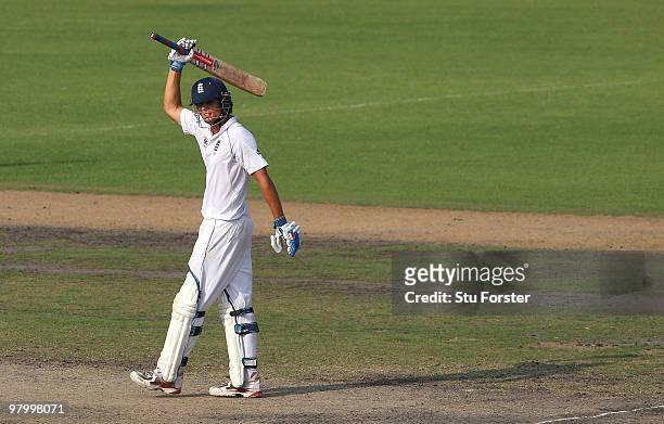 England captain Alastair Cook raises his bat after scoring the winning runs during day five of the 2nd Test match between Bangladesh and England at...