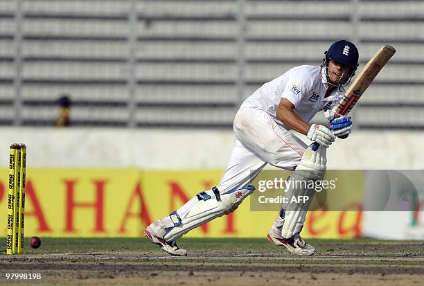 England cricket team captain Alastair Cook plays a shot during the fifth and last day of the second Test match between Bangladesh and England at the...