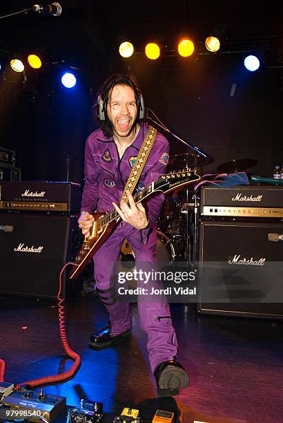 Paul Gilbert performs on stage on May 8, 2007 at Sala Apolo in Barcelona, Spain. View shows Marshall stack amplifiers in background and guitar...