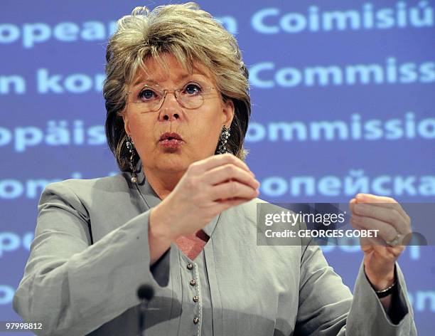 Commissioner for Justice, Fundamental Rights and Citizenship Viviane Reding of Luxembourg gestures as she gives a press conference on the law...