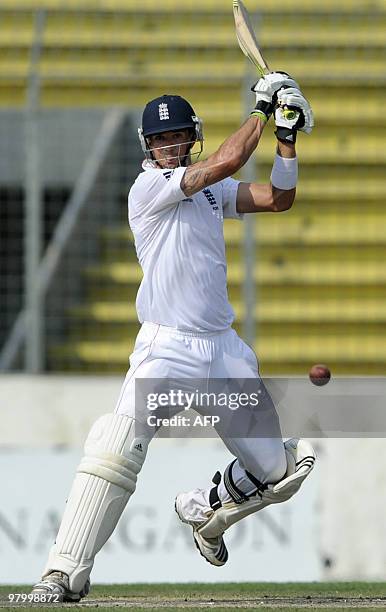 England cricketer Kevin Pietersen plays a stroke during the fifth and last day of the second Test match between Bangladesh and England at The Sher-e...