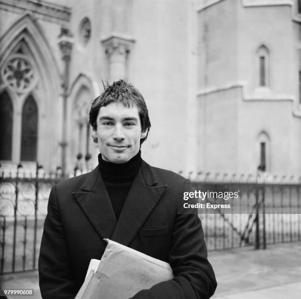 British actor Timothy Dalton outside the Royal Court of Justice to appear in court case regarding a fight, London, UK, 12th February 1974.