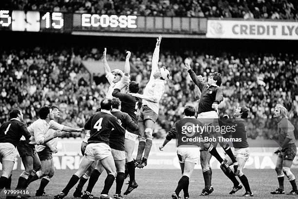 French forward Jean-Luc Joinel jumps highest in the line-out during the Rugby Union International match against Scotland held at the Parc Des...