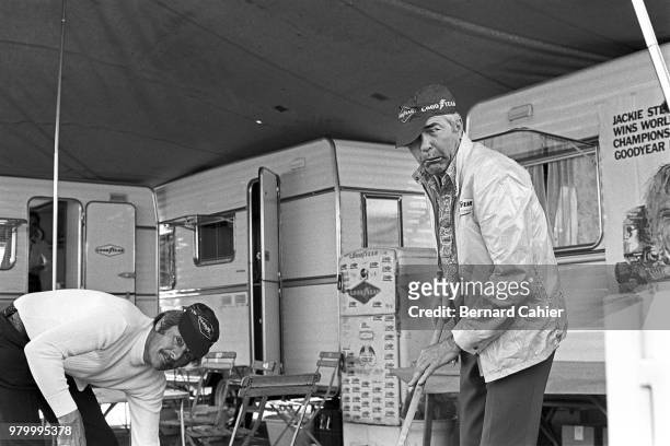 Carroll Shelby, Hilton Johnson, 24 Hours of Le Mans, Le Mans, 16 June 1974. Carroll Shelby with friend doing some clean up at the Cahier corral...