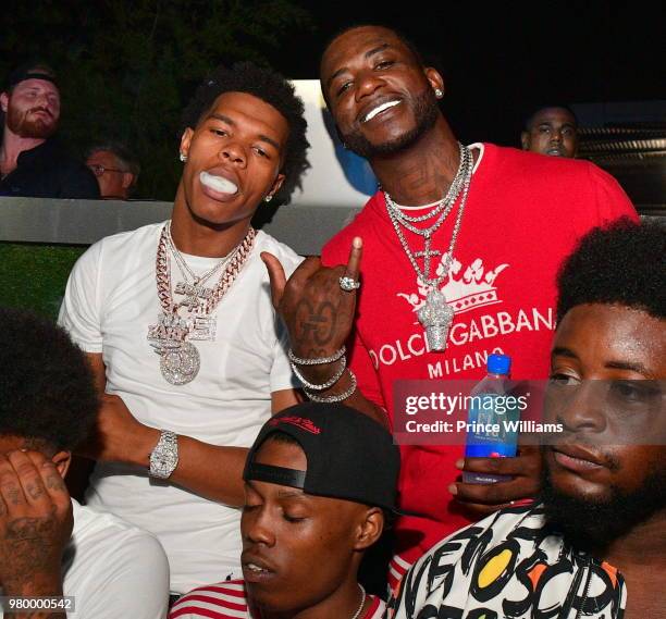 Rapper Lil Baby and Gucci Mane attend Birthday Bash Celebration Hosted by Lil Baby, Trey Songz, and YFN Lucci at Compound on June 17, 2018 in...