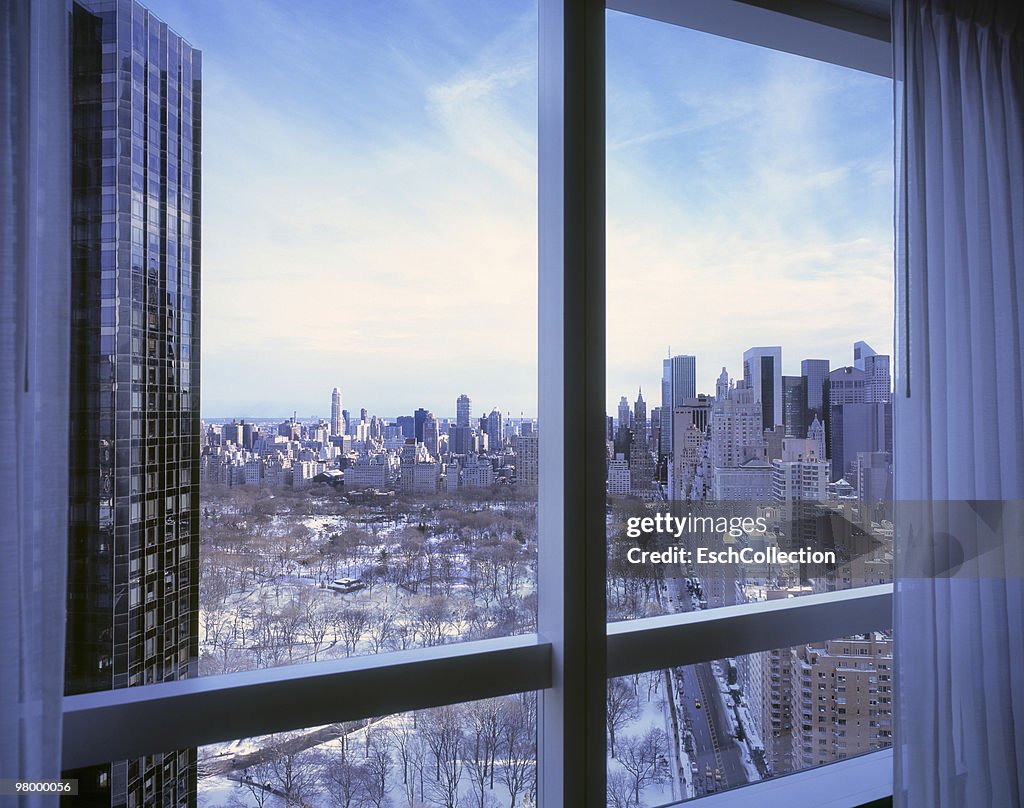 Window with view of a snow covered Central Park.