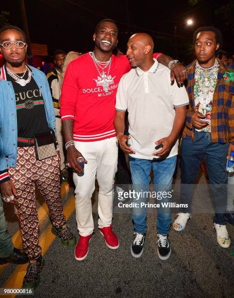 Quavo, Gucci Mane, Alex Gidewon and Takeoff attend Birthday Bash Celebration Hosted by Lil Baby, Trey Songz, and YFN Lucci at Compound on June 17,...